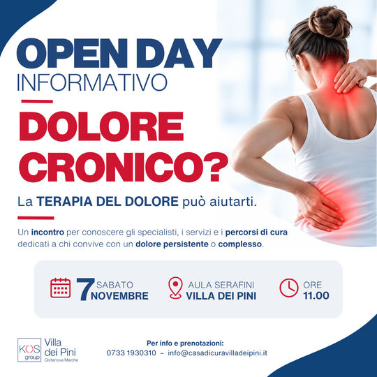Locandina Open Day informativo sul dolore cronico: sabato 7 novembre, ore 11:00, Aula Serafini, Villa dei Pini, Civitanova Marche
